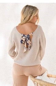 Satin Flower Print Back Bow Sweater Pullover
